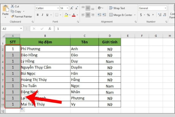 Đặt con trỏ chuột vào góc dưới bên phải ô và kéo xuống