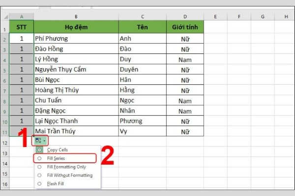 Tìm chọn mục Fill Series