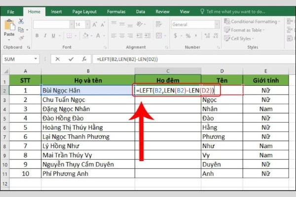Nhập công thức: =LEFT(B2,LEN(B2)-LEN(D2))