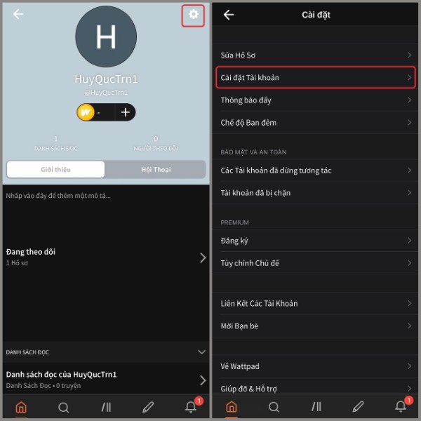Mở “Cài đặt Tài khoản”