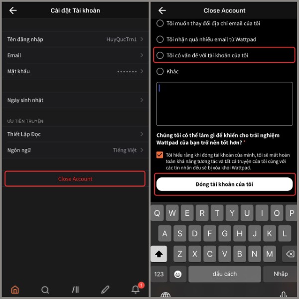 Chọn “Đóng tài khoản”
