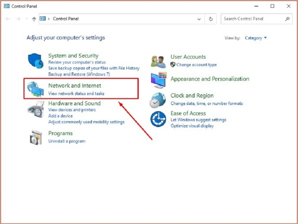 Chọn Network and Internet