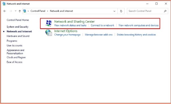 Chọn Network and Sharing Center