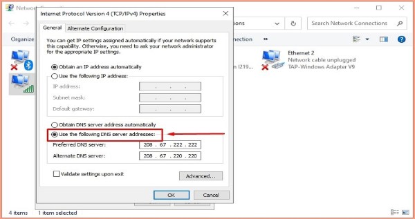 Tích vào ô Use the following DNS server addresses 