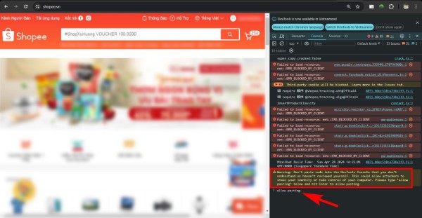 Gõ allow pasting và nhấn Enter để dán mã từ bên ngoài