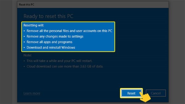 Nhấn Reset để bắt đầu xóa và cài đặt lại