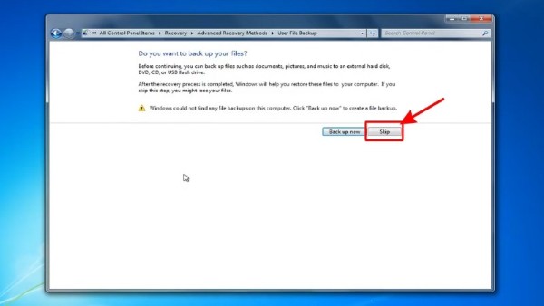 Nhấn Skip để bỏ qua sao lưu