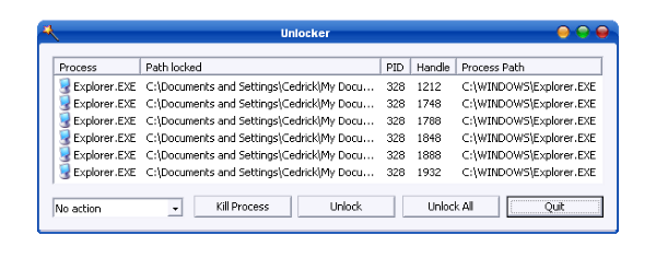 Giao diện Unlocker hiển thị các file và tùy chọn xử lý file