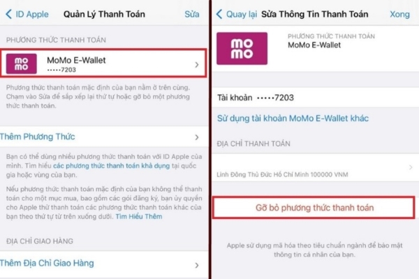 Chọn vào phương thức thanh toán nhấn gỡ bỏ 