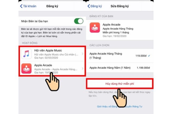 Chọn vào gói dịch vụ nhấn hủy dùng thử miễn phí 