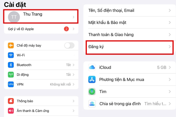 Nhấn vào đăng ký để hiển thị các dịch vụ đã đăng ký 