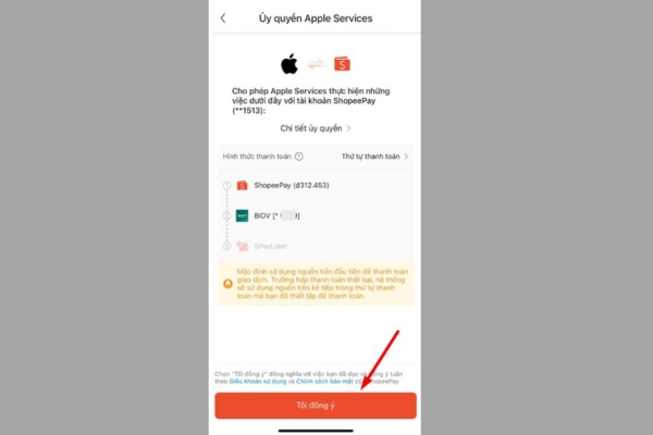 Chọn vào tôi đồng ý để xác nhận thêm phương thức thanh toán 