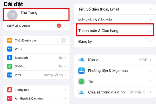 Nhấn vào ID Apple, chọn vào thanh toán và giao hàng 