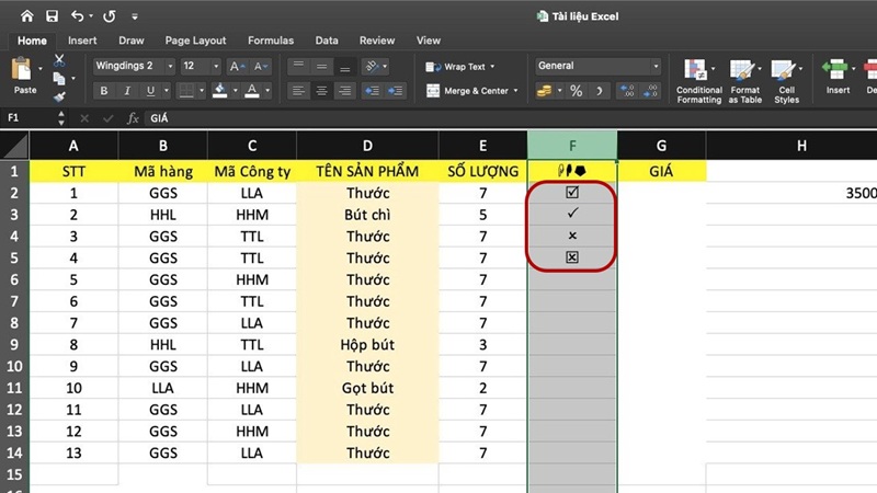 Dấu tích trong Excel thường xuất hiện dưới dạng chữ V 