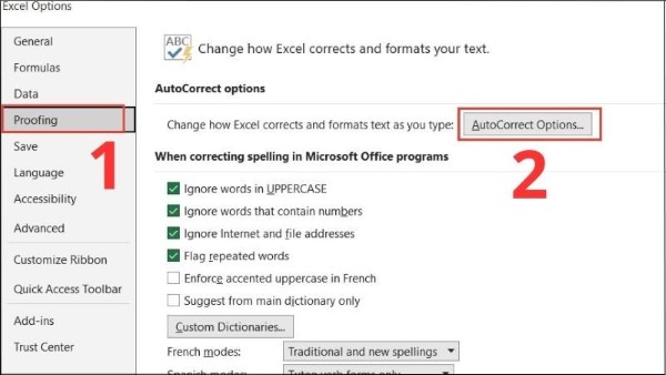 Chọn Proofing → AutoCorrect Options