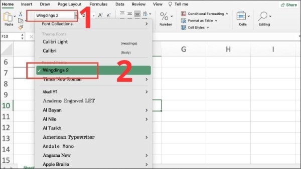 Chọn font chữ Wingdings 2