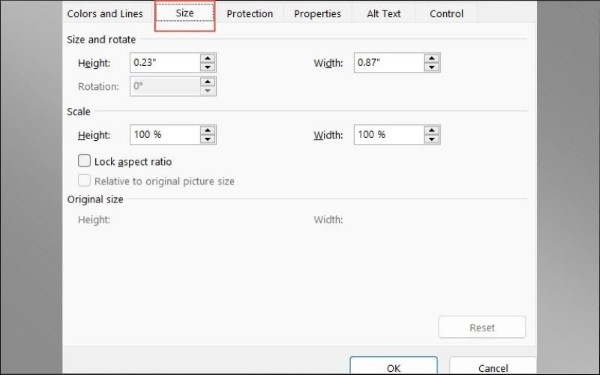 Điều chỉnh kích thước và tỷ lệ tại Tab Size