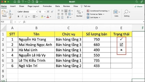 Nhấn vào ô cần chèn dấu tích