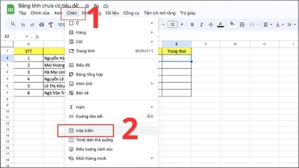 Mở menu Chèn → chọn Hộp kiểm