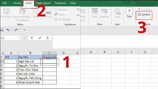 Mở thẻ Insert → chọn Symbols