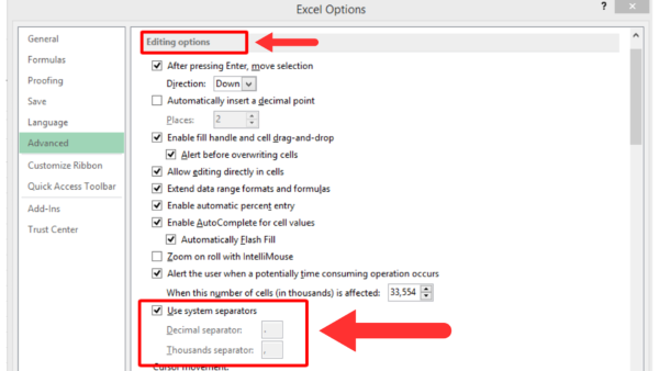 Đánh dấu chọn Use system separators