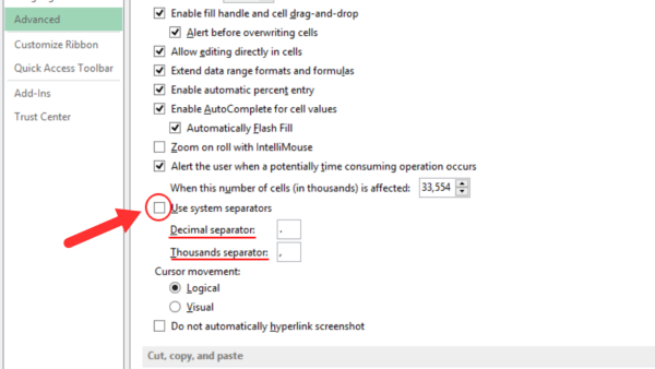 Bỏ chọn mục "Use system separators"