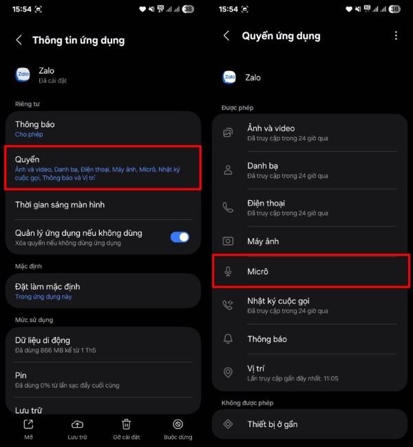 Chọn mục Quyền