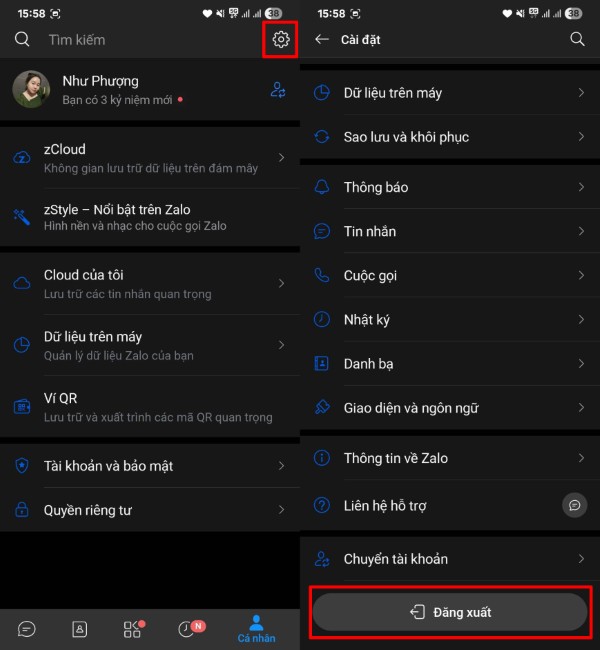Chọn Đăng xuất tài khoản