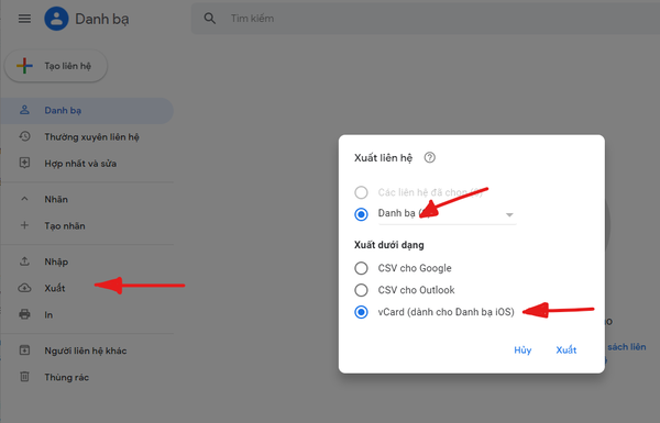 Chọn vCard (dành cho Danh bạ iOS) để hiển thị danh bạ Gmail trên iPhone