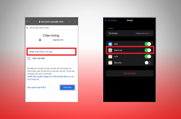 Điền mật khẩu và bật đồng bộ Danh bạ