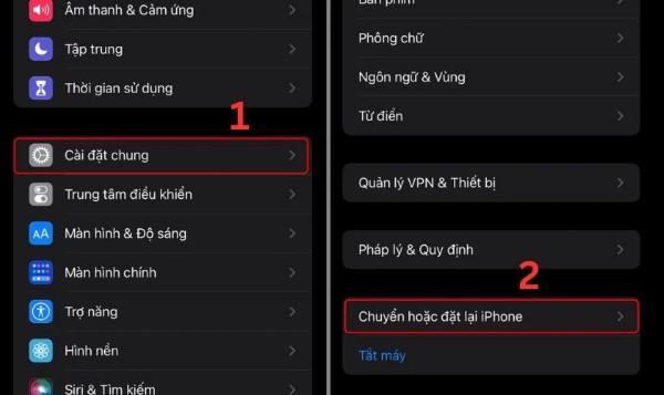 Chọn Cài đặt chung → Chuyển hoặc đặt lại iPhone