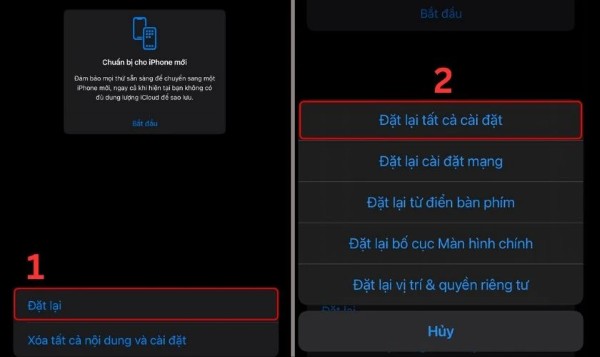 Nhấn Đặt lại tất cả cài đặt