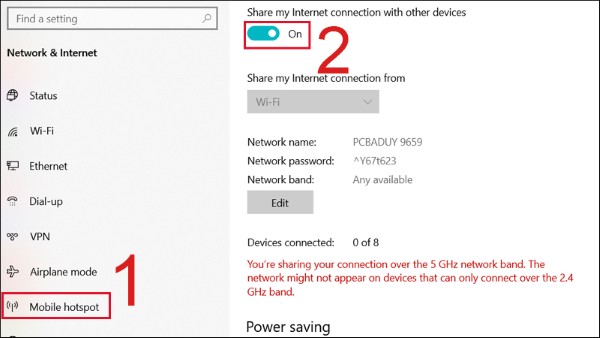 Chọn Điểm phát sóng di động (Mobile hotspot)