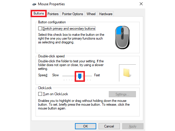 Điều chỉnh thanh trượt về tốc độ thấp hơn tại mục Double-click speed 