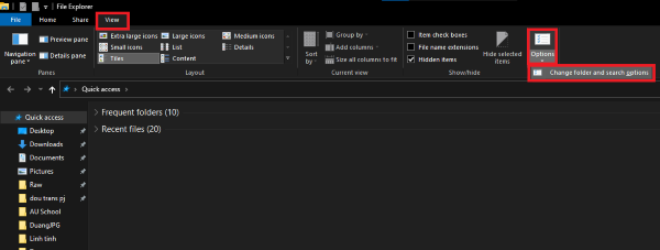 Chọn View → Options