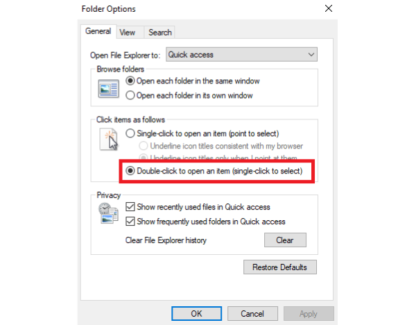 Chọn Double-click to open an item