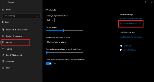 Nhấn vào Additional mouse options