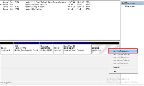 Chọn New Simple Volume