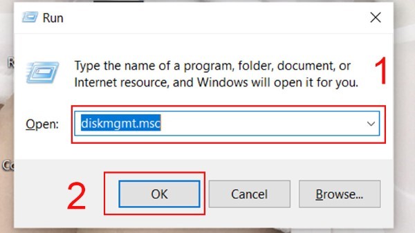Nhập lệnh diskmgmt.msc và nhấn OK
