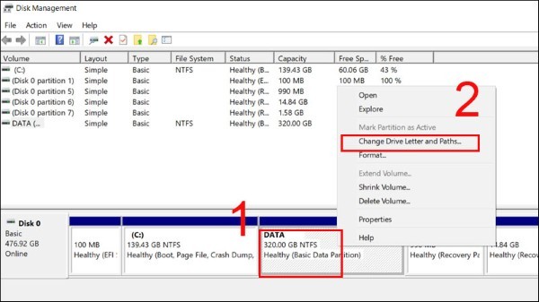 Tìm kiếm phân vùng không có tên hoặc chưa được gán ký tự ổ đĩa