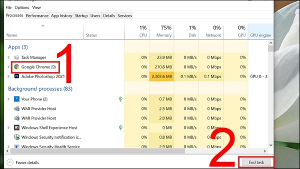 Nhấn chuột phải vào ứng dụng → chọn End Task 