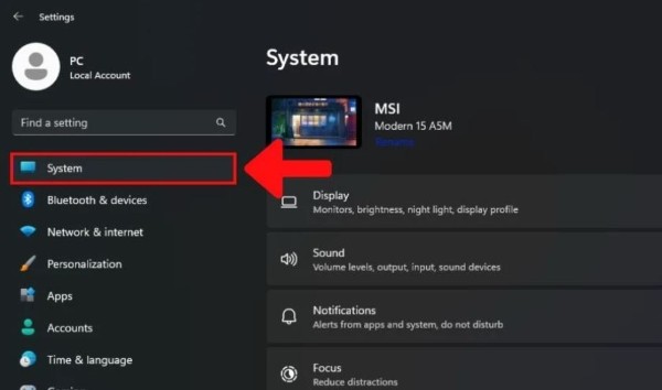 Nhấn Windows → Settings → System