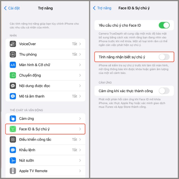 Tắt Tính năng nhận biết sự chú ý 
