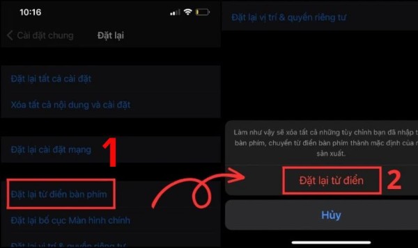 Xác nhận thao tác đặt lại từ điển bàn phím