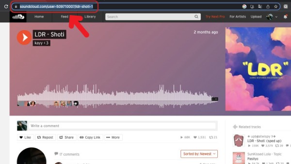 Mở SoundCloud, tìm bài hát và sao chép URL