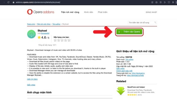 Tìm Skyload và chọn thêm vào Opera