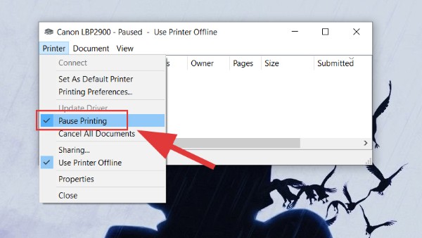 Bỏ dấu tick ở mục Pause Printing