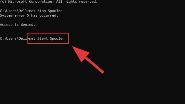 Nhập lệnh net stop spooler để dừng tiến trình