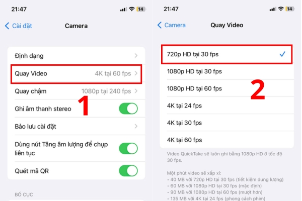 Nhấn quay video chọn vào chất lượng video phù hợp