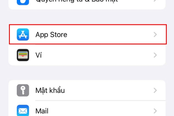 Truy cập vào cài đặt, nhấn vào app store
